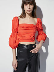 Square Neck Ruche Quarter Puff Sleeve Top