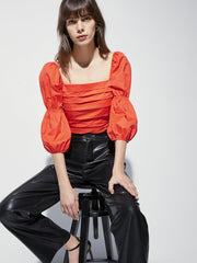 Square Neck Ruche Quarter Puff Sleeve Top