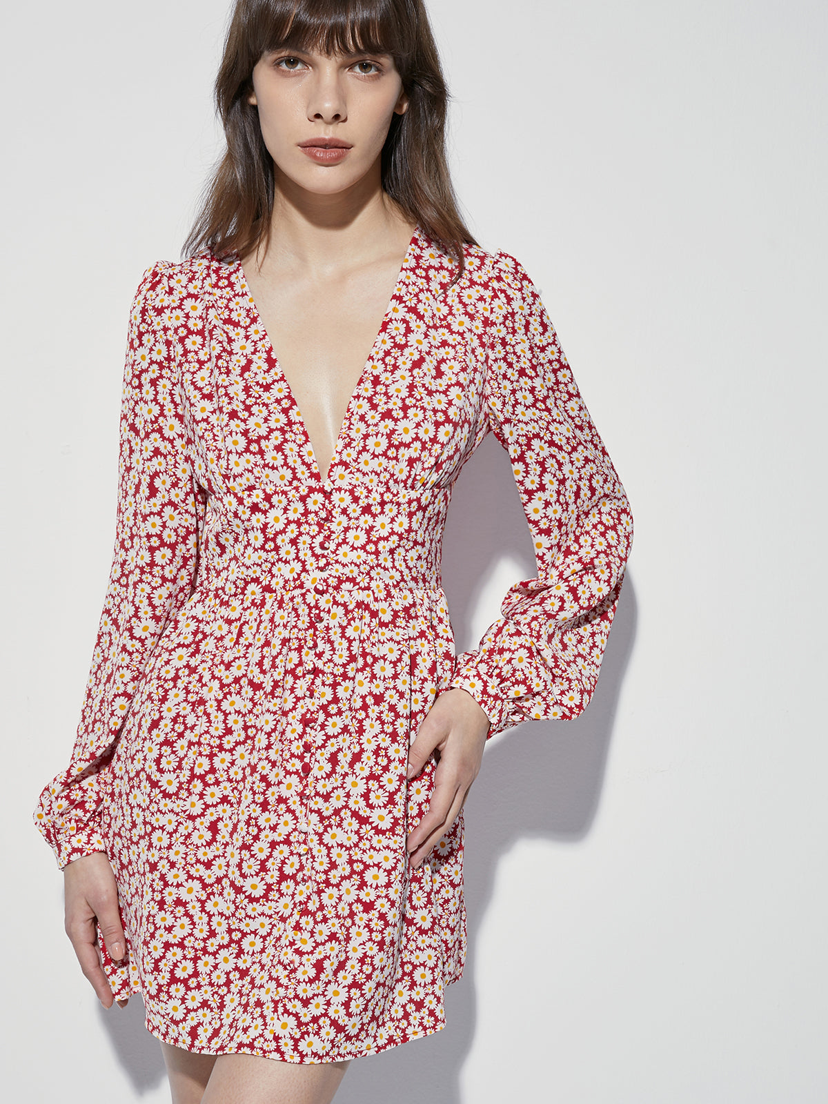 Long Sleeve Mini Floral V Neck Cinched Mini A Line Dress