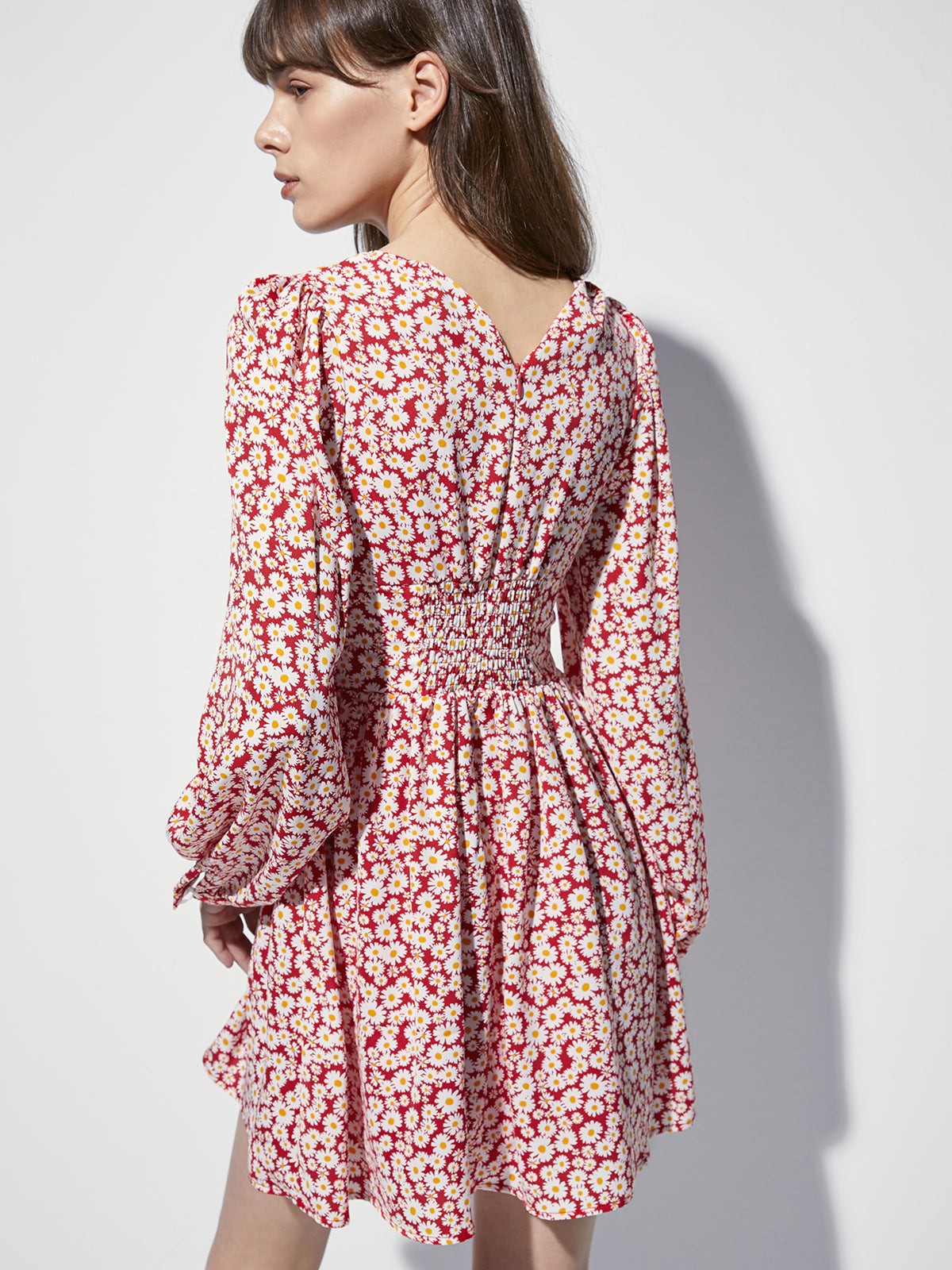 Long Sleeve Mini Floral V Neck Cinched Mini A Line Dress