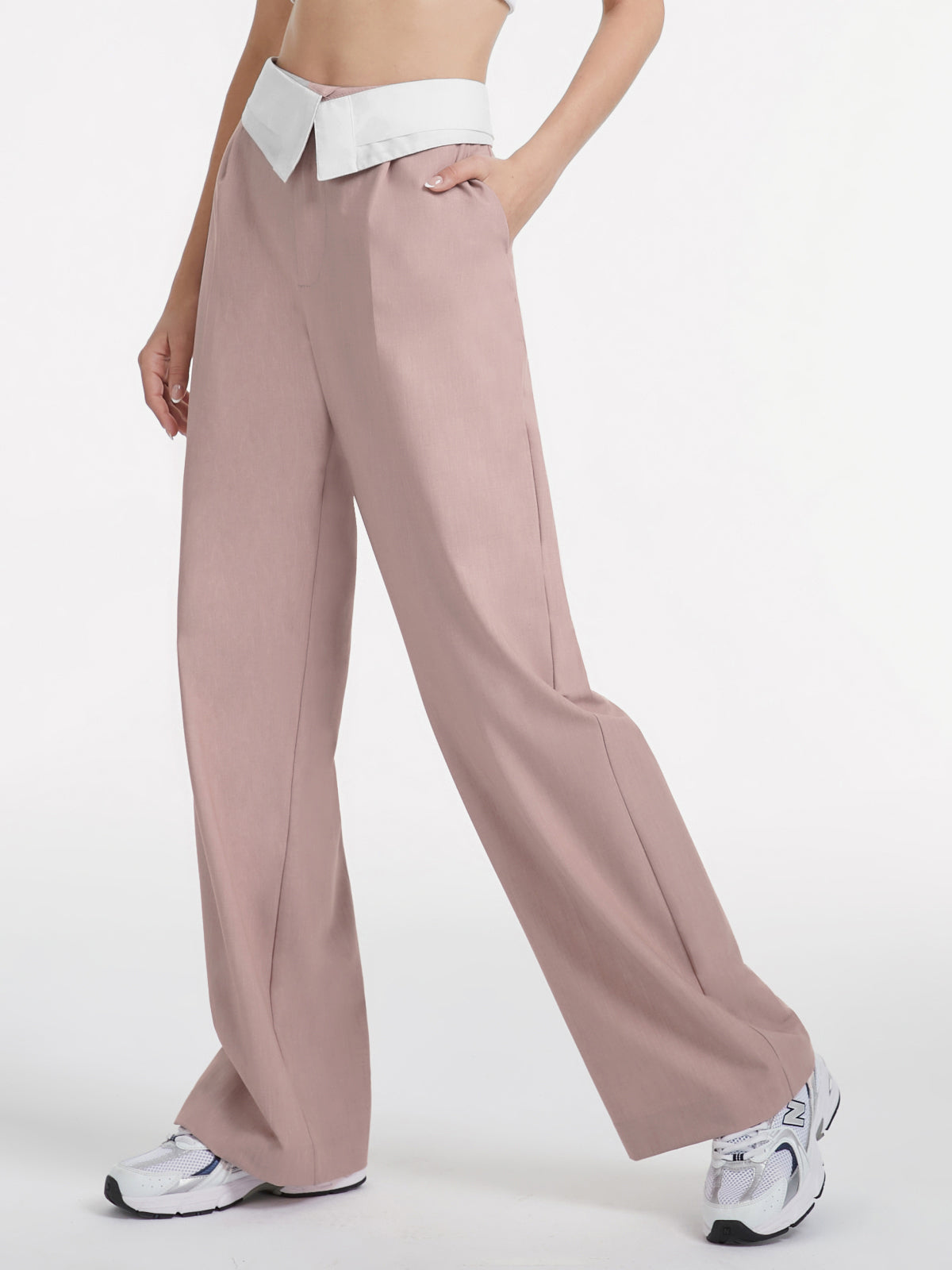 High Waisted Wide Leg Trousers with Contrast Flap Waist Band