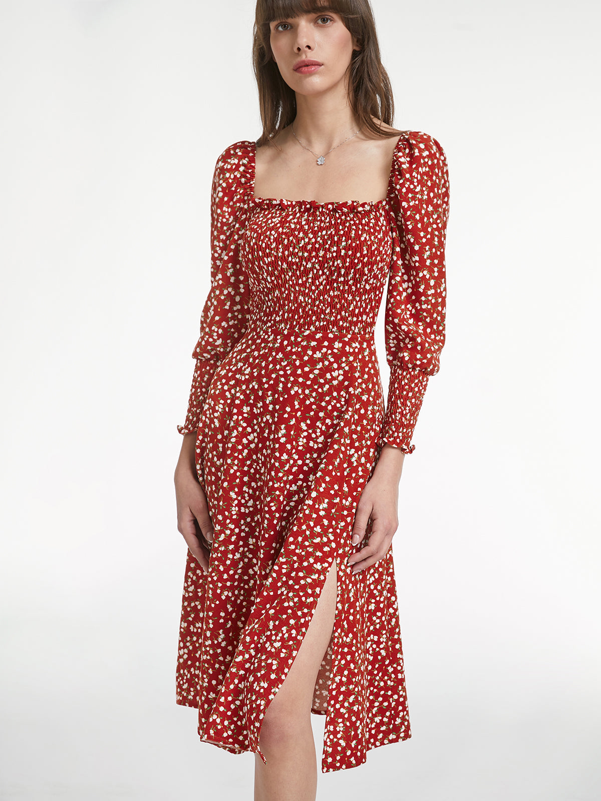 Long Puff Sleeve Square Neck Rosy Floral Ruche Dress