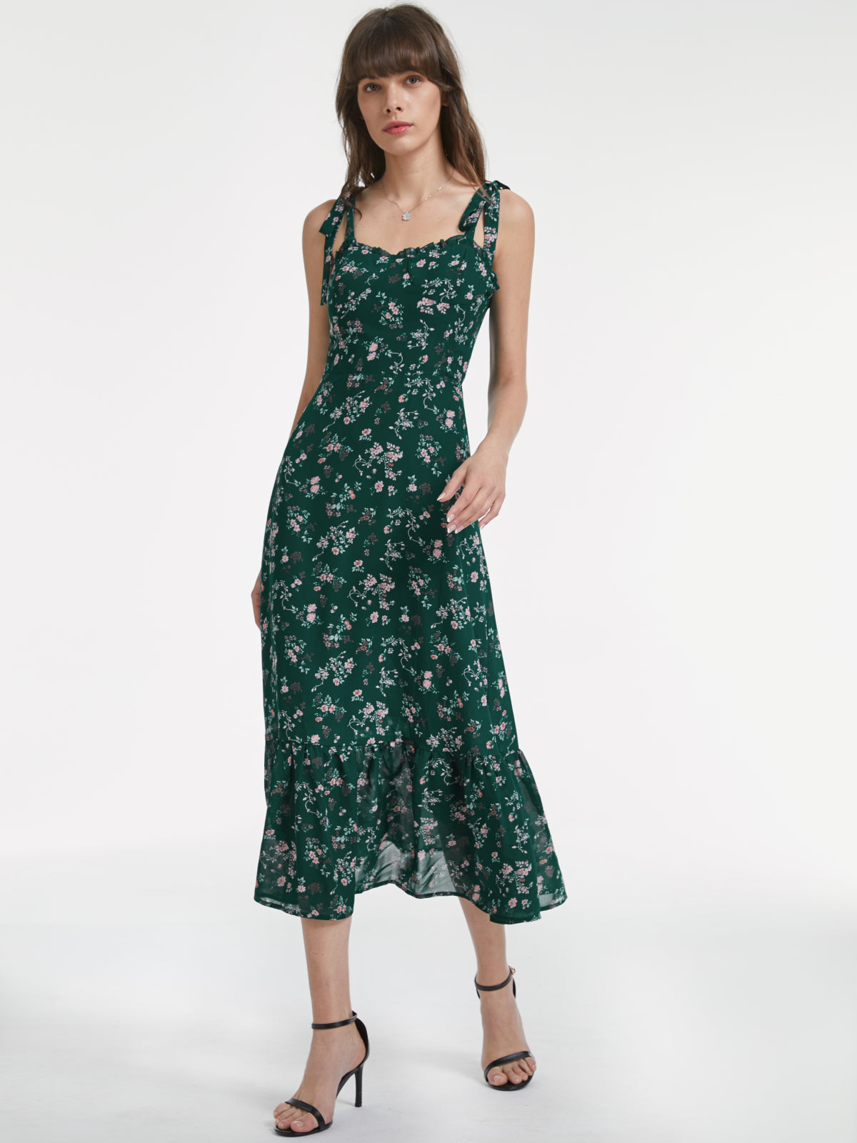 Wide Tie Strap Sweetheart Floral Dress With Ruffle Hem