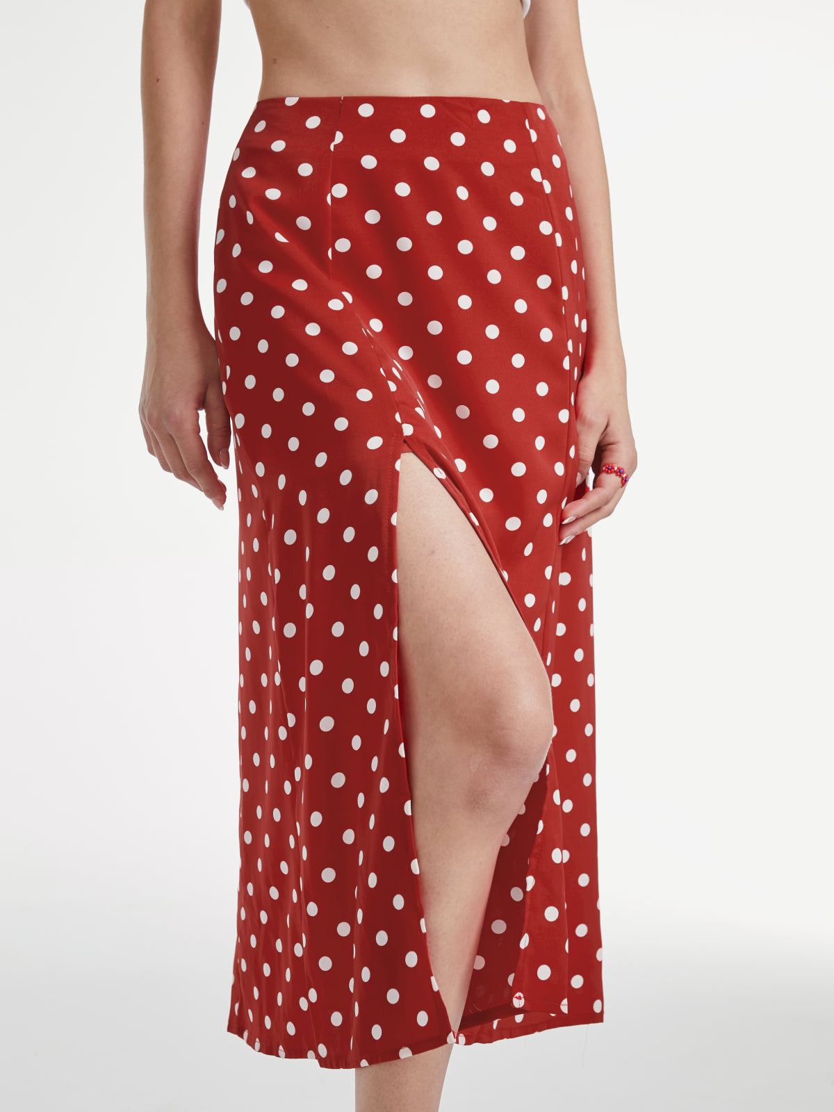 High Waisted Polka Dot Slit Midi Skirt