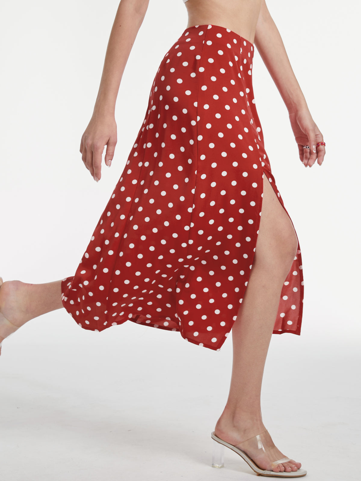 High Waisted Polka Dot Slit Midi Skirt