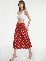 High Waisted Polka Dot Slit Midi Skirt