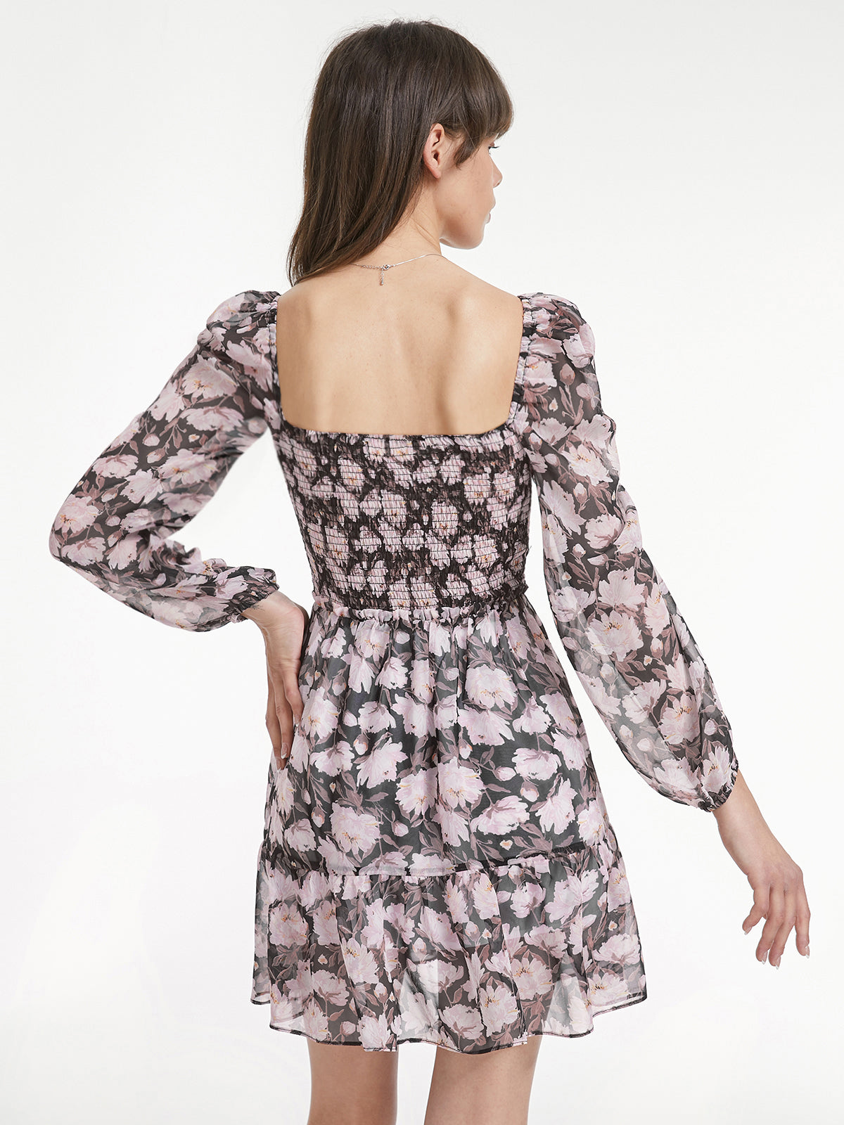 Mesh Long Sleeve Square Neck Tiered Short Floral Dress