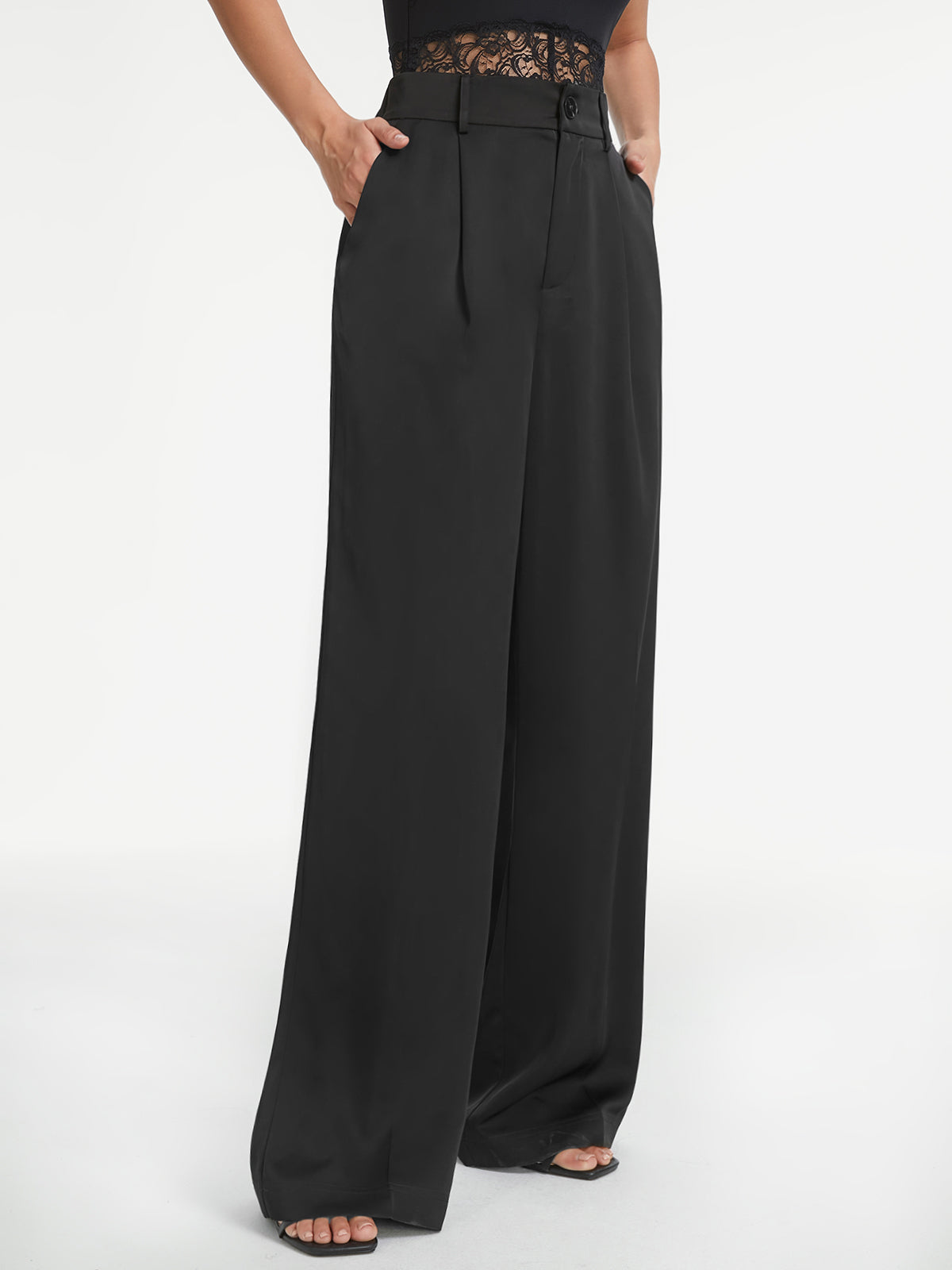 High Waisted Pleat Front Wide Leg Trousers