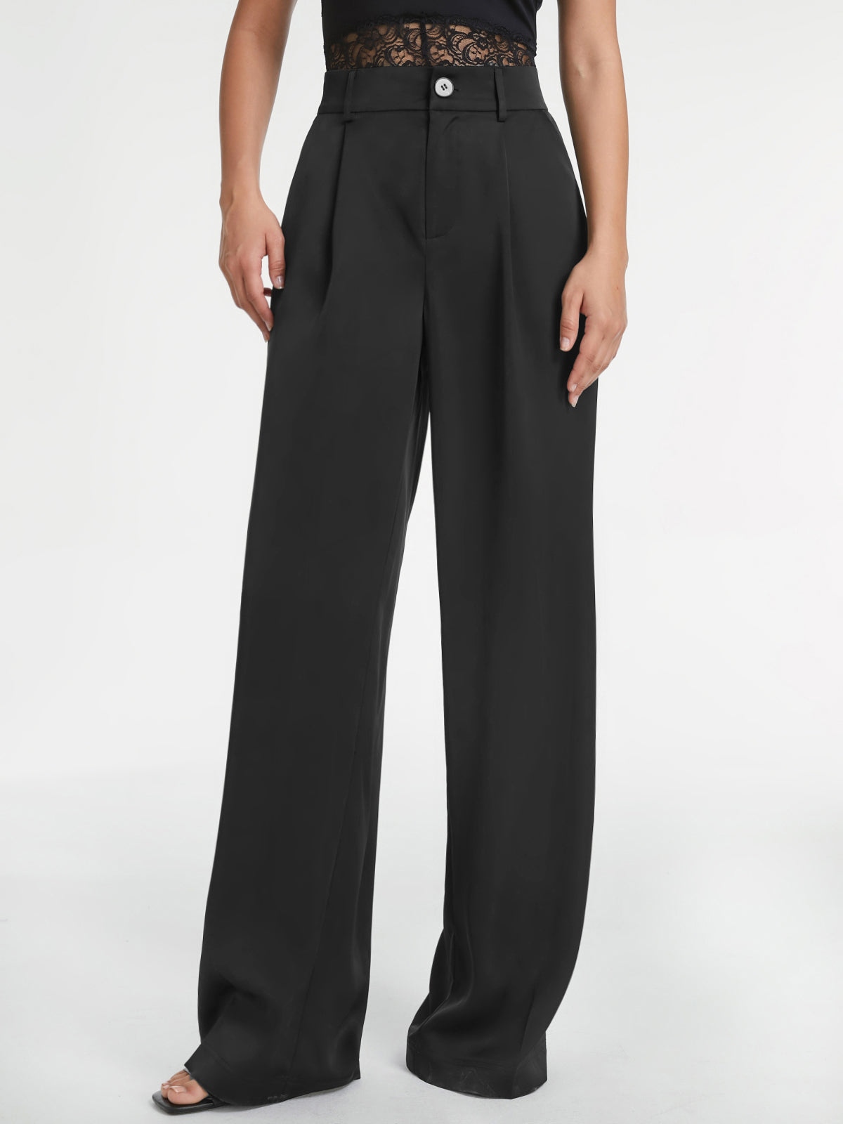 High Waisted Pleat Front Wide Leg Trousers