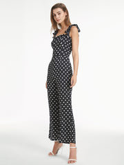 Square Neck Contrast Polka Dot Flare Leg Tank Jumpsuit