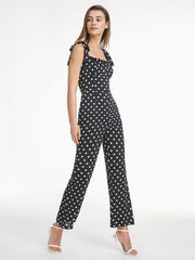 Square Neck Contrast Polka Dot Flare Leg Tank Jumpsuit