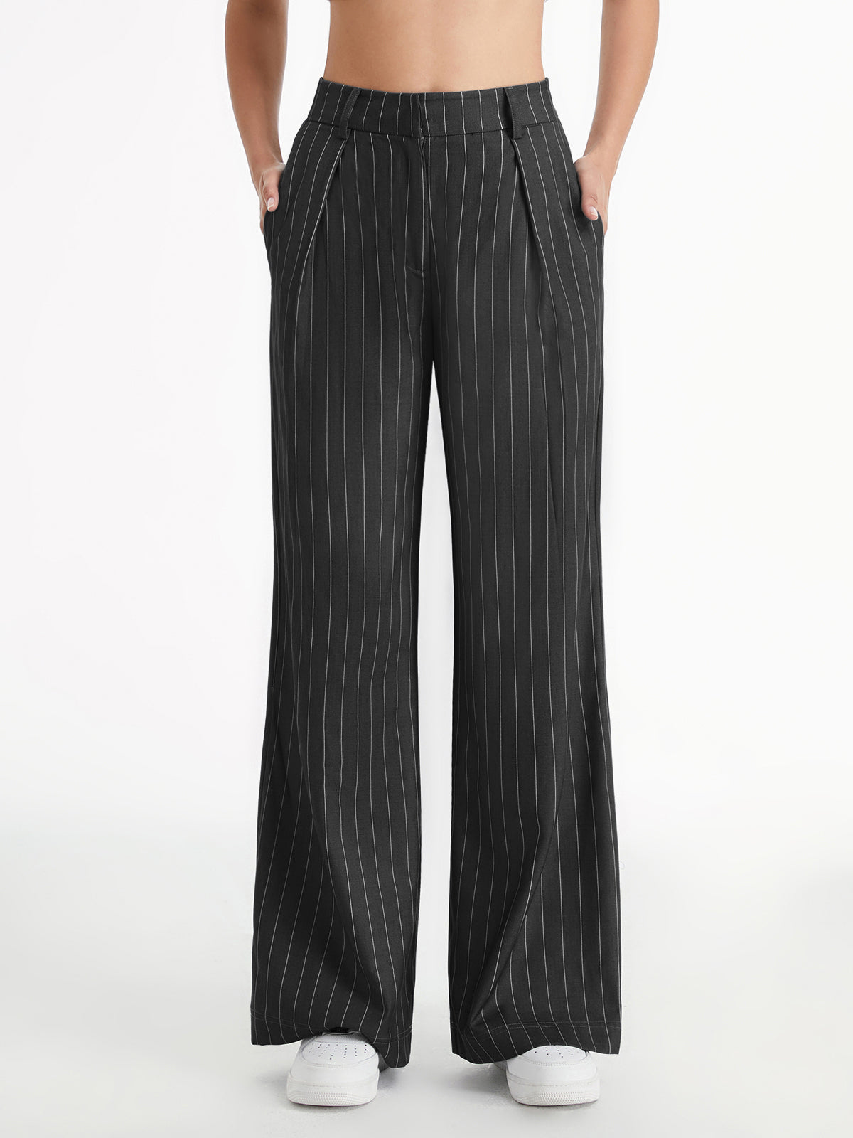 High Waisted 90s Pinstripe Pleat Front Wide Leg Trousers