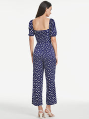 Petals Print Puff Sleeve Open Back Jumpsuit