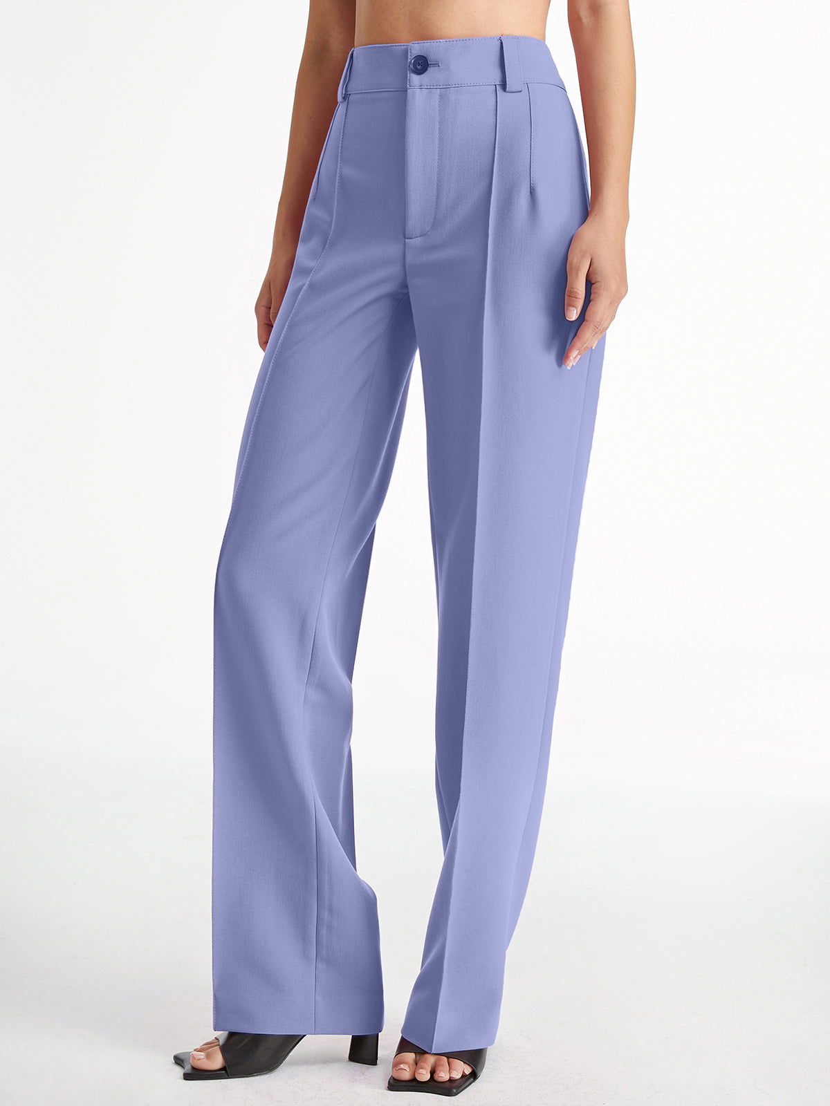 High Waisted Pleat Front Solid Colored Straight Leg Trousers