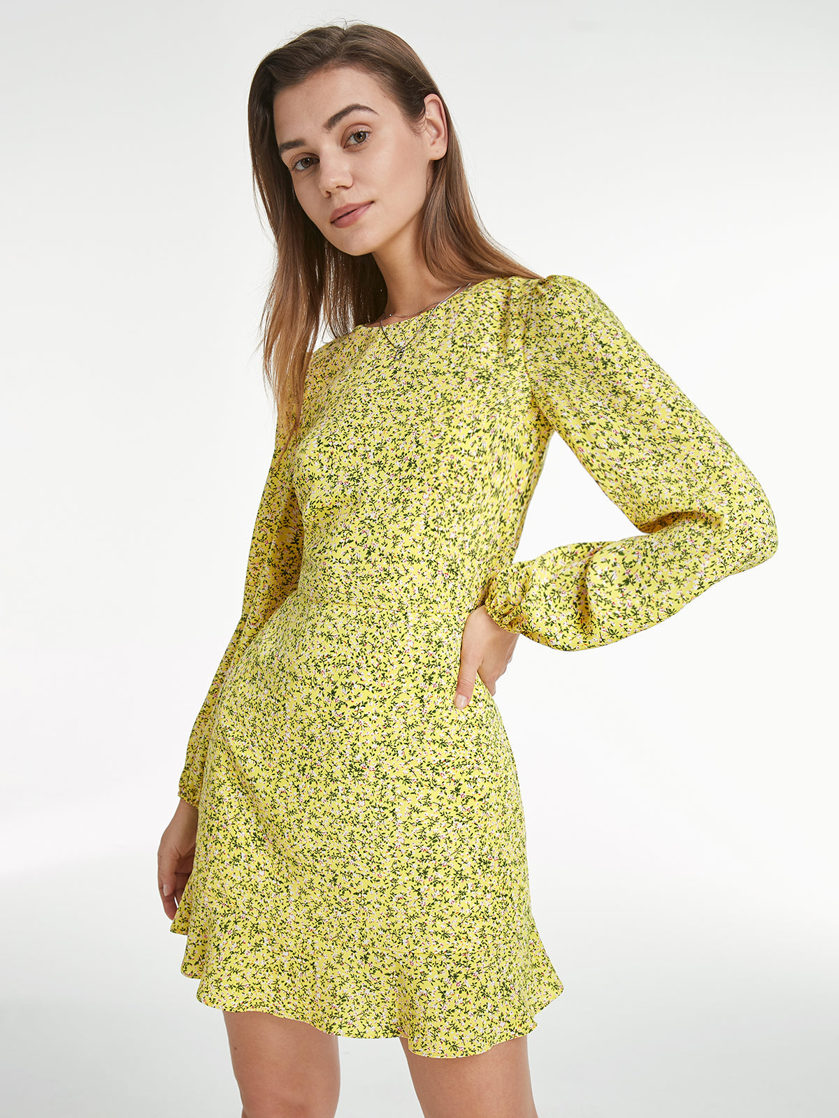 Long Puff Sleeve Straight Neck Back Cutout Floral Sun Dress