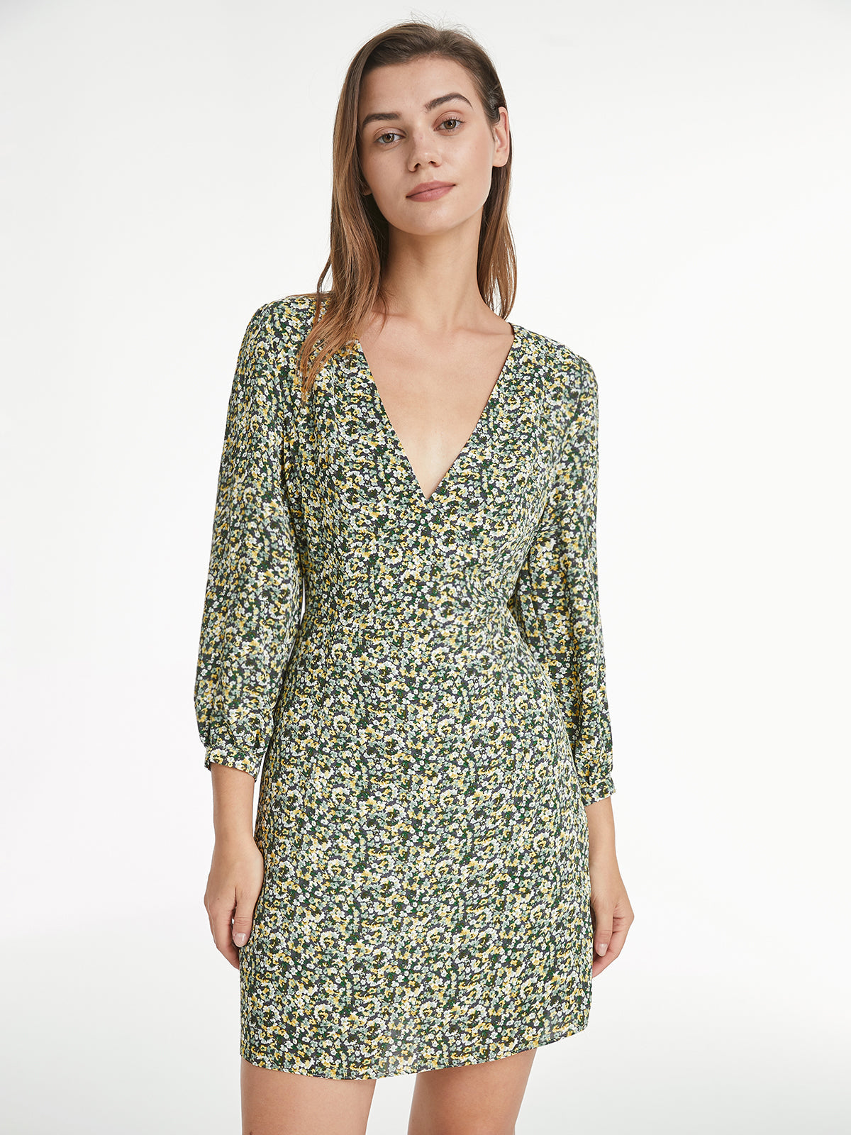 Mini Garden Floral Long Sleeve V Neck Mini Dress