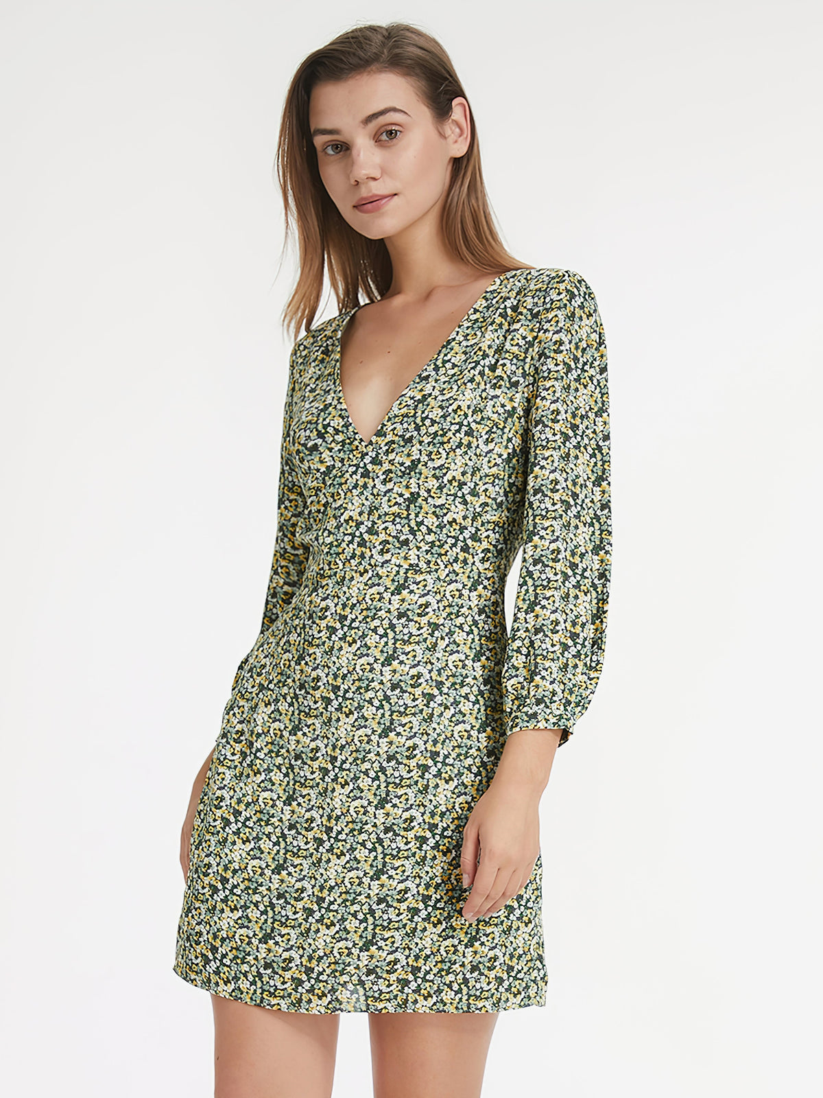 Mini Garden Floral Long Sleeve V Neck Mini Dress