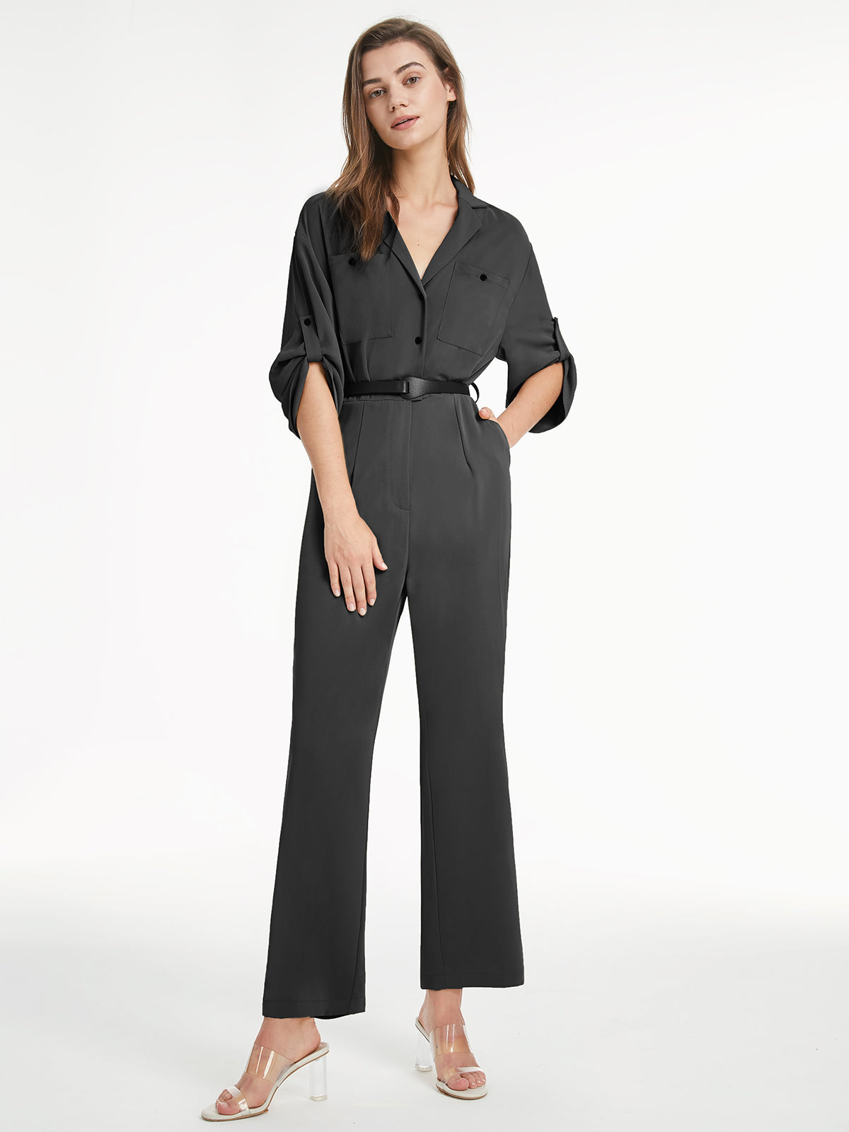 V Neck Button Front Short Sleeve Flare Leg Jumpsuit