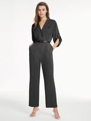 V Neck Button Front Short Sleeve Flare Leg Jumpsuit