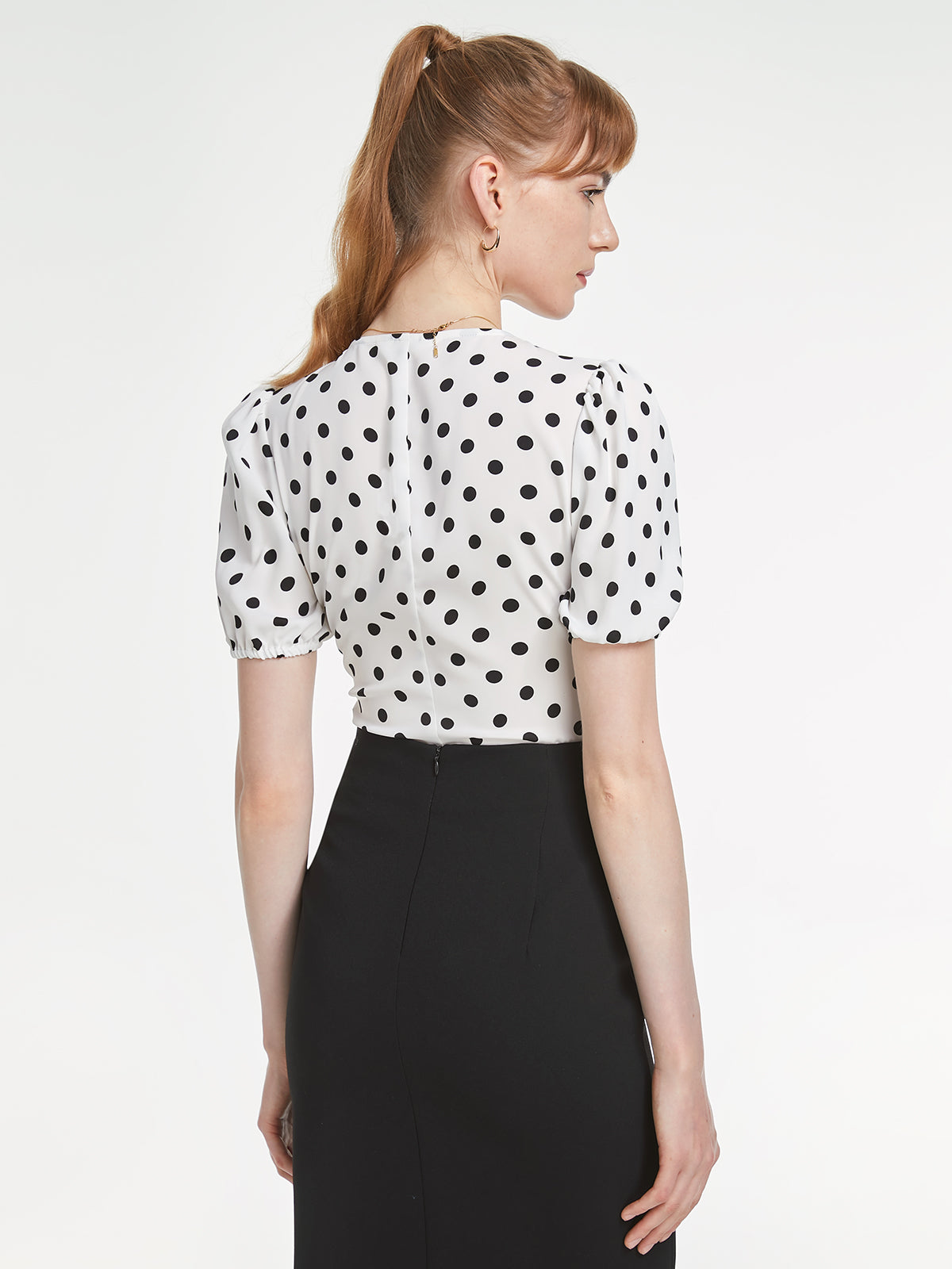 Short Sleeve V Neck Button Front Polka Dot Contour Top