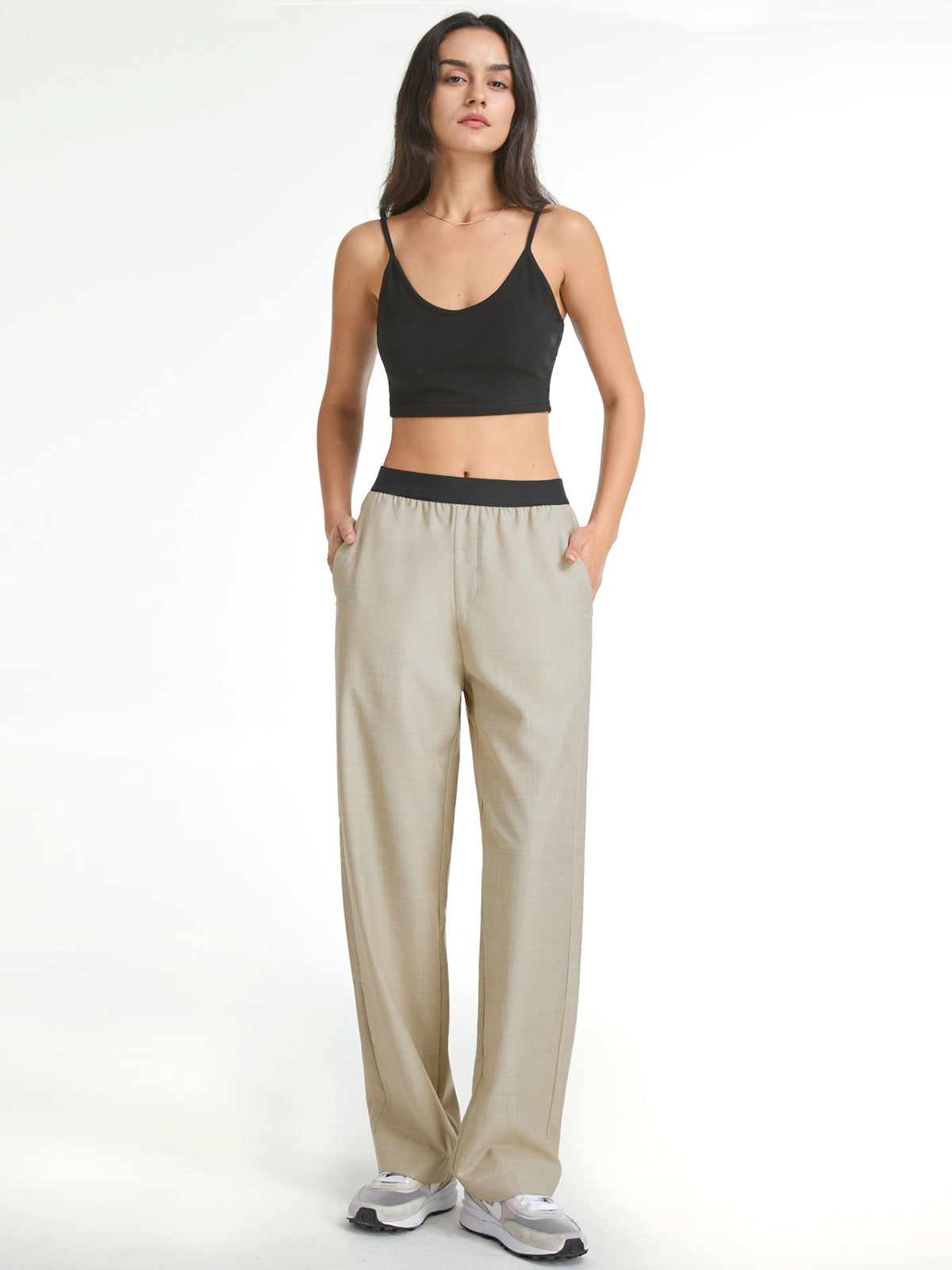 High Waisted Relaxed Fit Straight Leg Trousers With Athletic Waistband