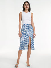 High Waisted Light Floral Midi Slit Skirt