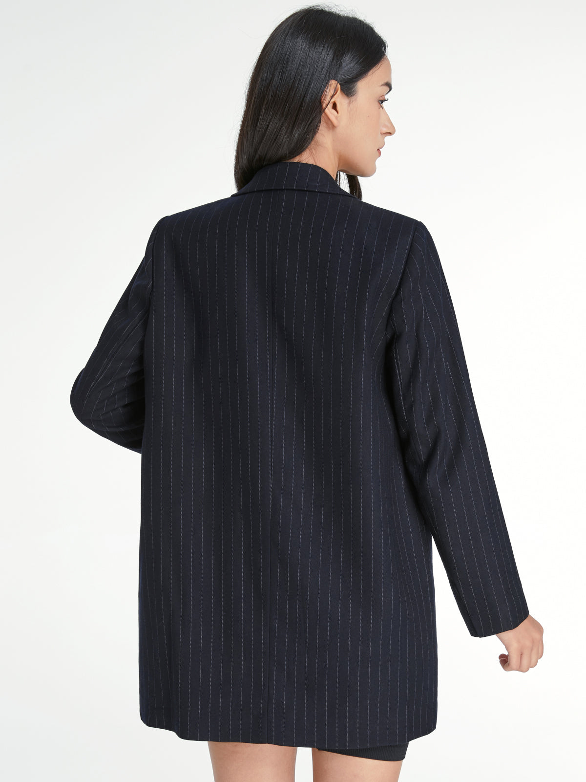 Pinstripe Single Button Single Breasted Deep V Long Blazer