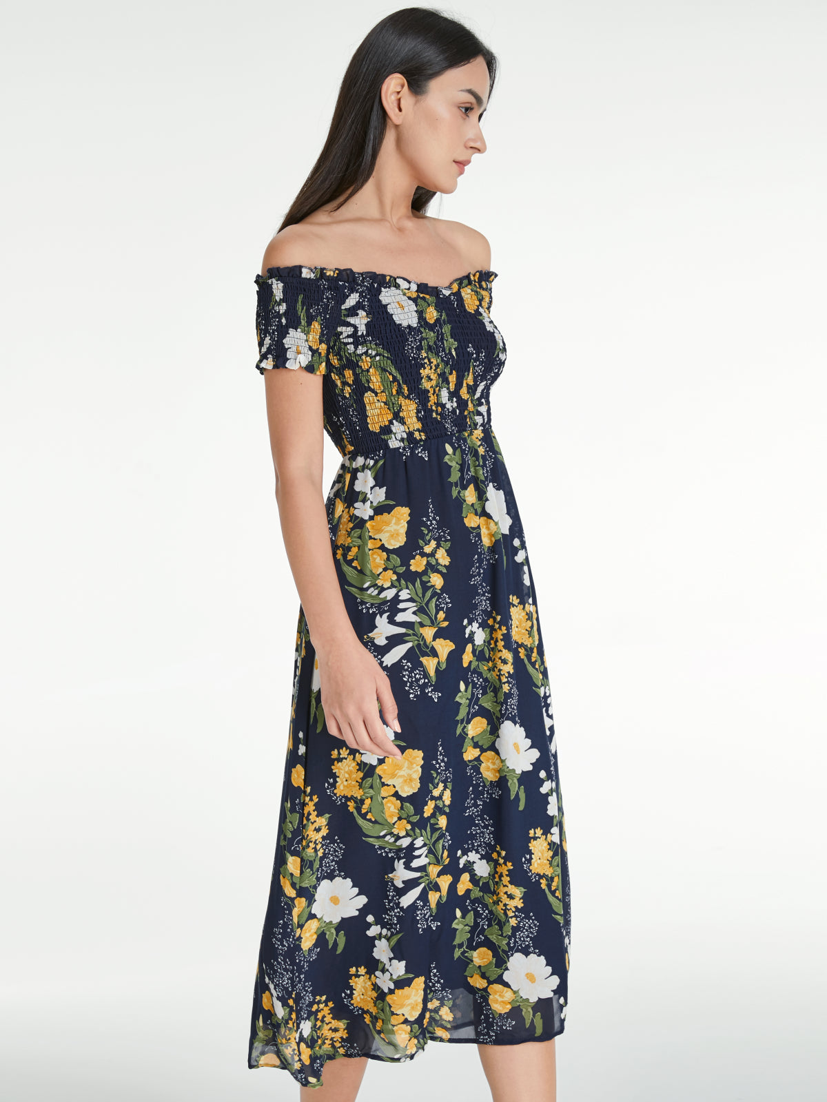 Off Shoulder Island Floral Ruffle Hem Mesh Midi Dress