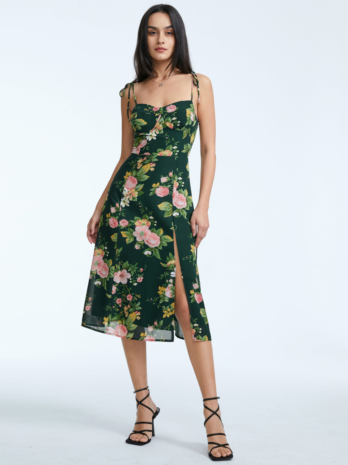 Floral Bloom Contour Midi Strap Dress