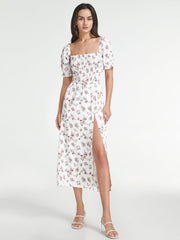 Square Neck Short Puff Sleeve Smocked Floral Midi Slit Dress