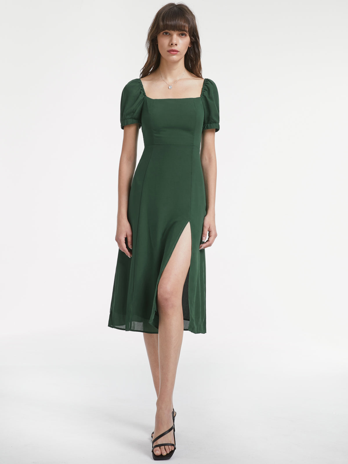 Gathered Dreams Emerald Green Slit Midi Dress