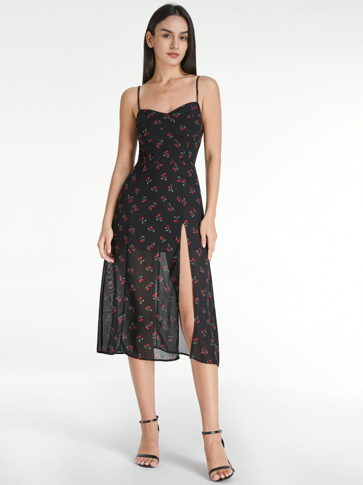 Sweetheart Very Cherry Strap Slit Dress With Sheer Overlay