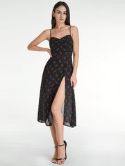 Sweetheart Very Cherry Strap Slit Dress With Sheer Overlay