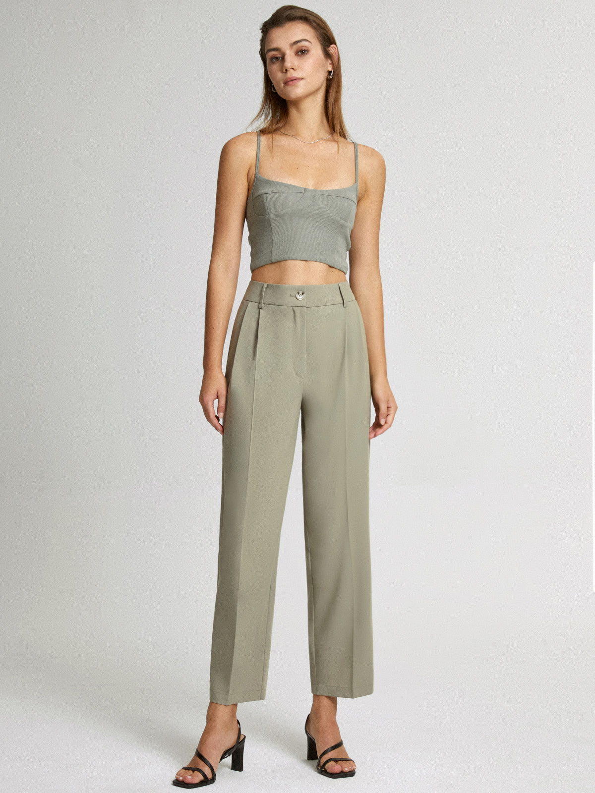 Cropped Mid Rise Straight Leg Trousers