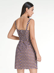 Groovy Geometric Mauve Wrap Pleat Strap Dress