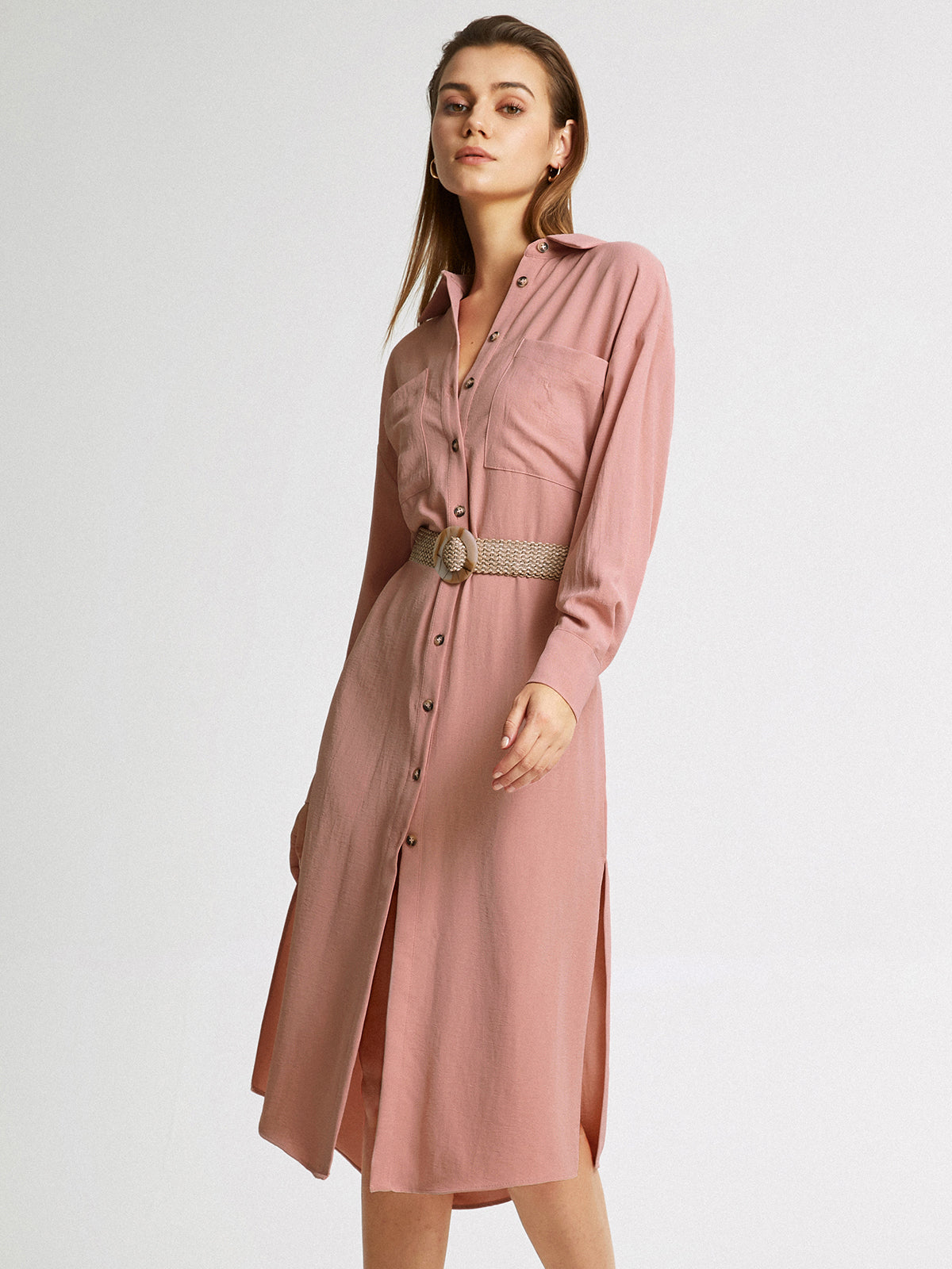 Long Sleeve Button Front Belted Midi Shirt Dress Without Belt