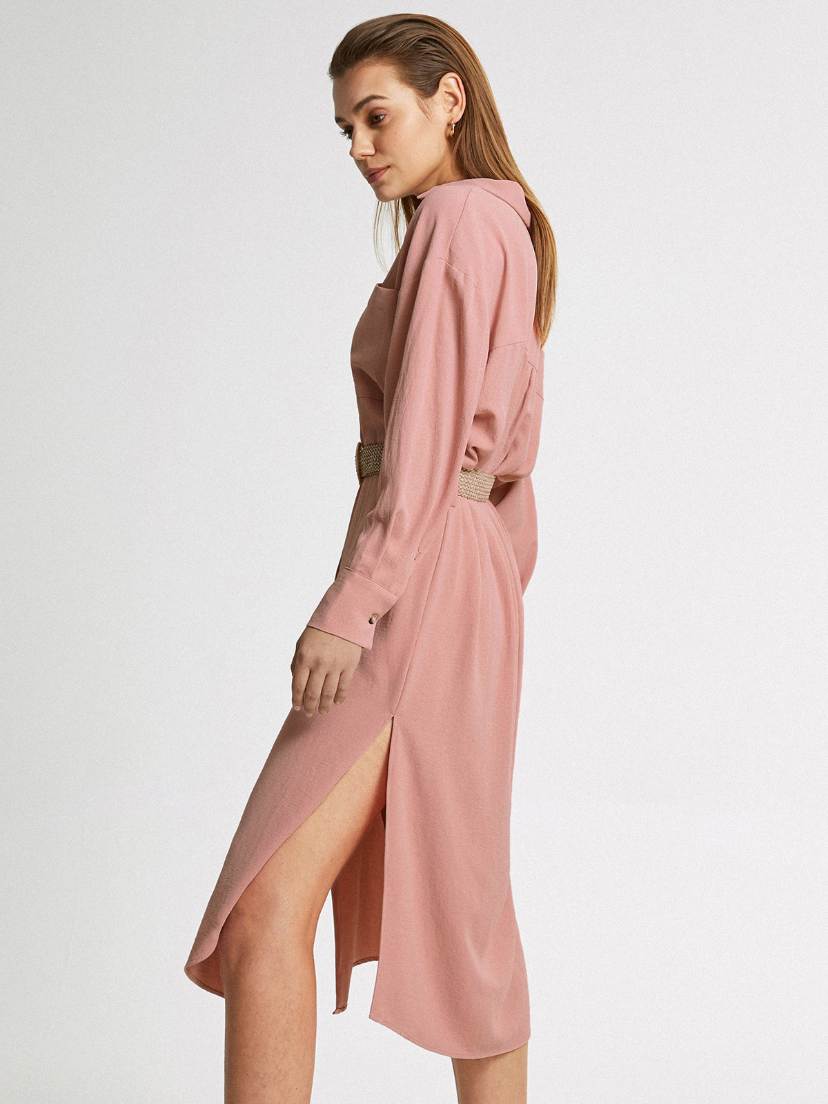 Long Sleeve Button Front Belted Midi Shirt Dress Without Belt