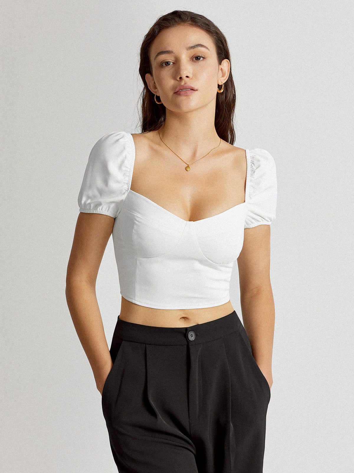 Sweetheart Contour Short Puff Sleeve Cropped Top