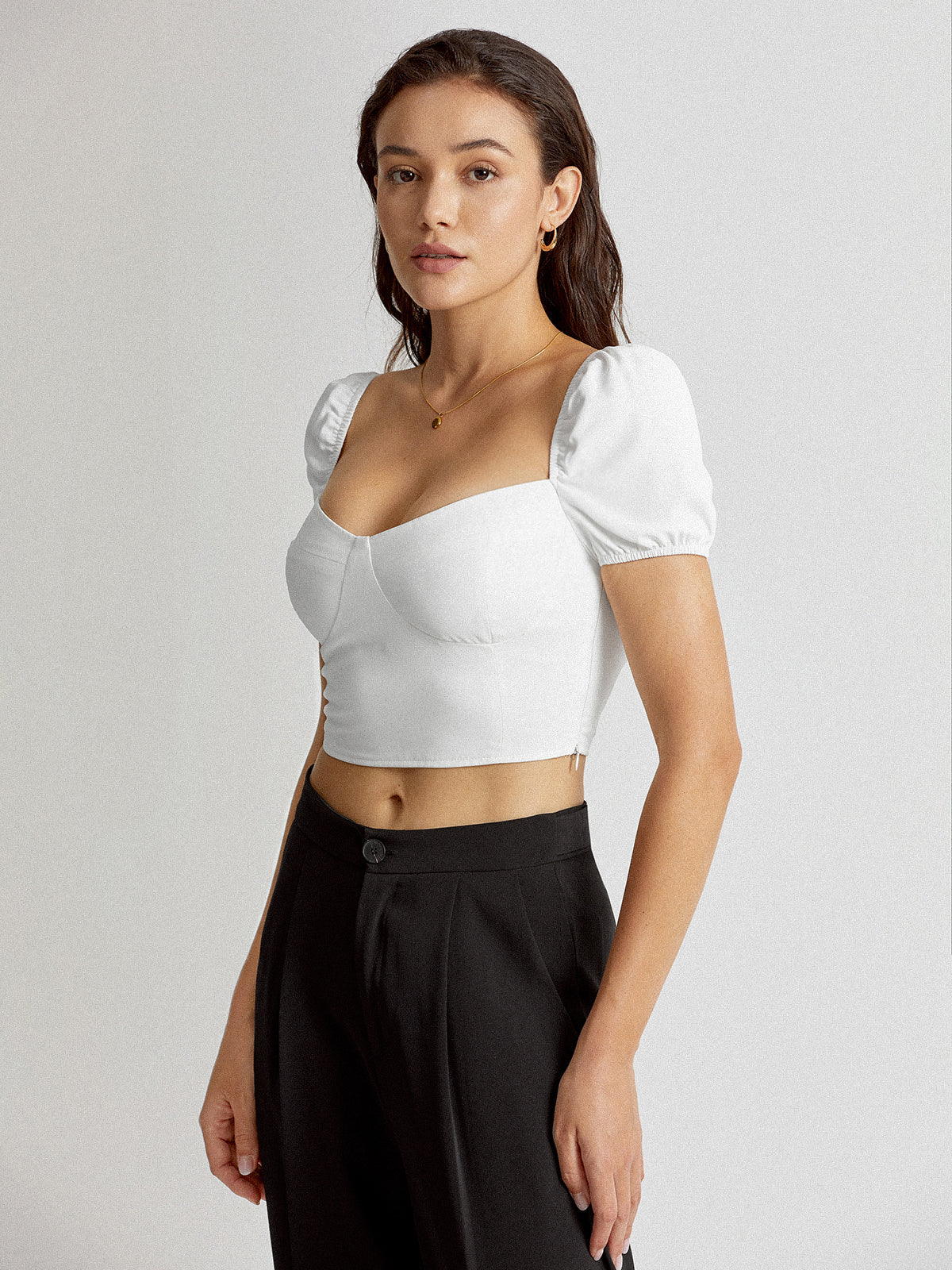 Sweetheart Contour Short Puff Sleeve Cropped Top