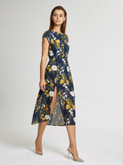 Cap Sleeve Island Floral Midi Slit Dress