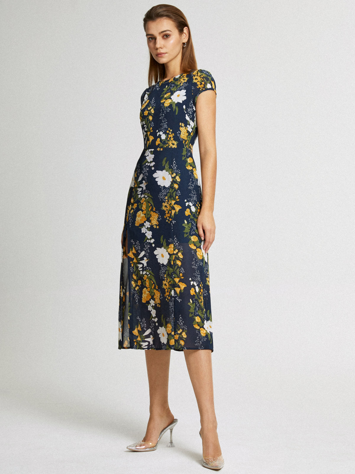 Cap Sleeve Island Floral Midi Slit Dress