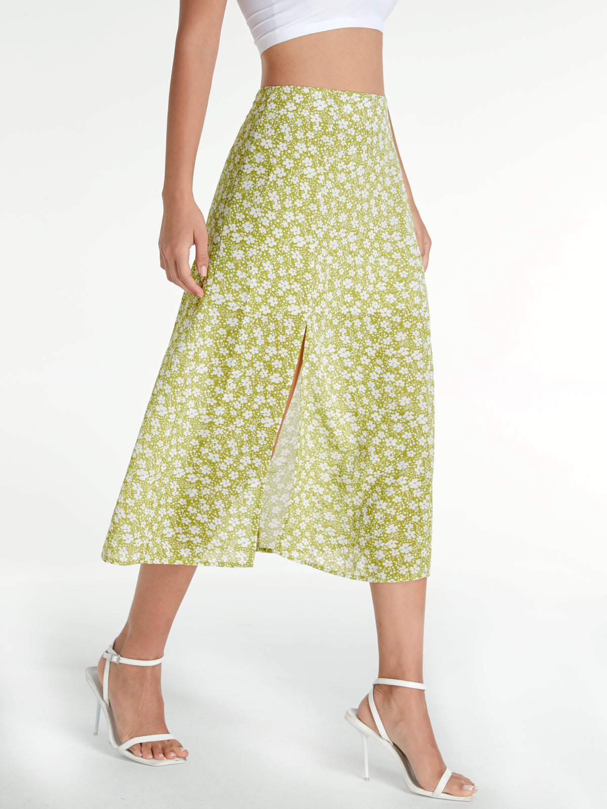 High Waisted Floral A Line Midi Skirt