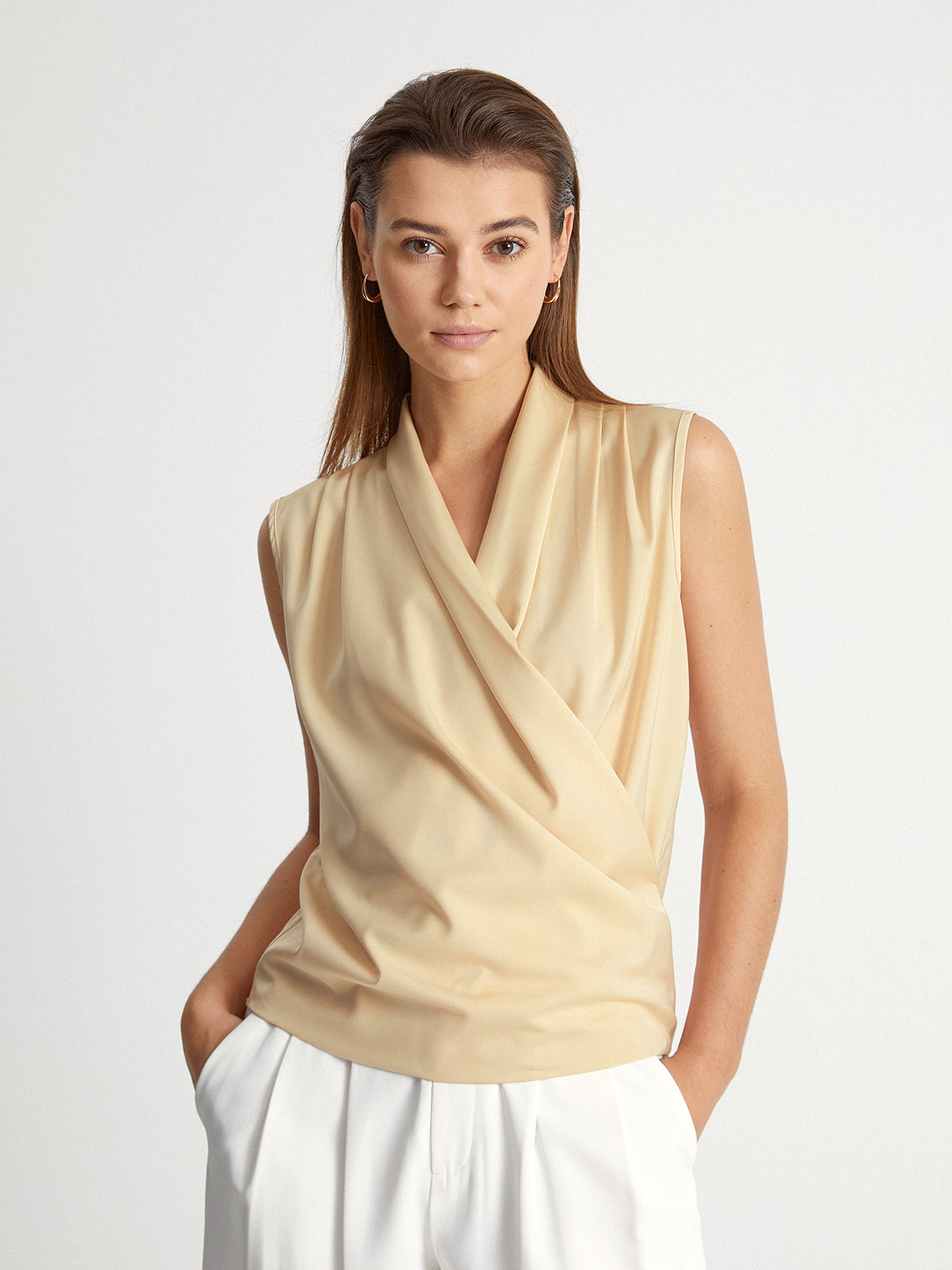 Sleeveless Shoulder Pleat Wrap Top