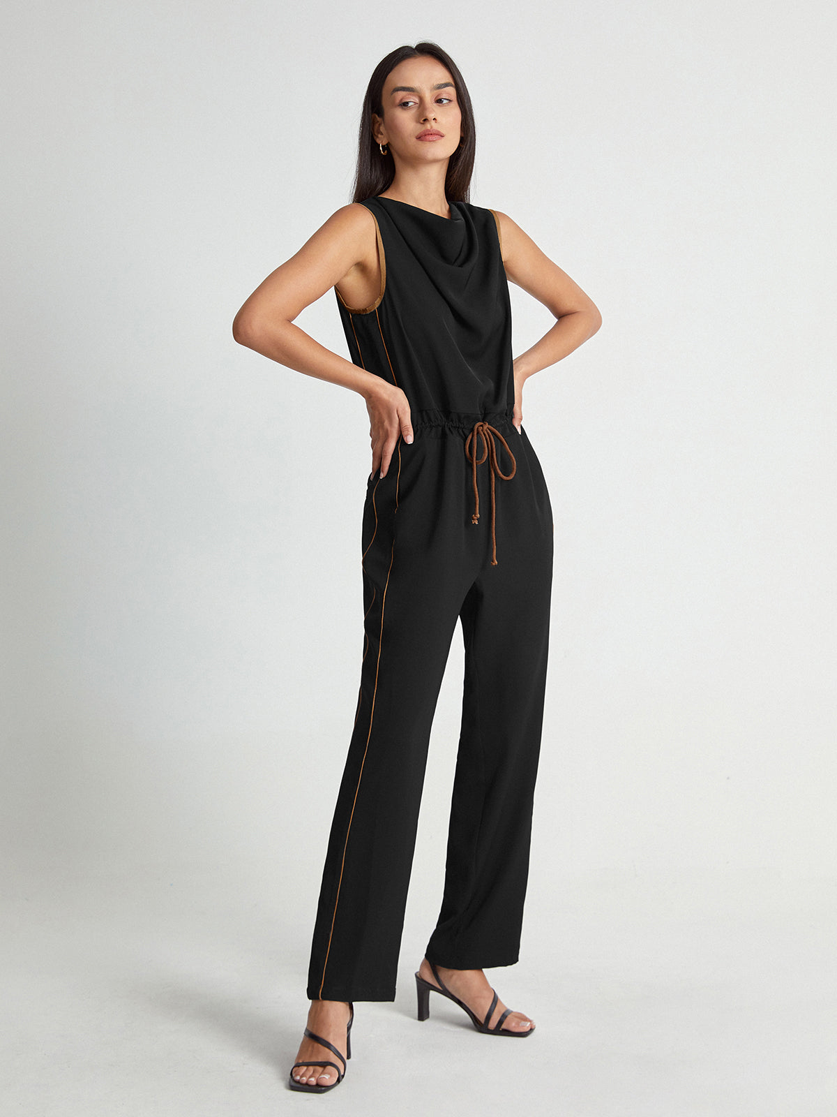 Sleeveless High Square Neck Elastic Waist Tapered Jumpsuit