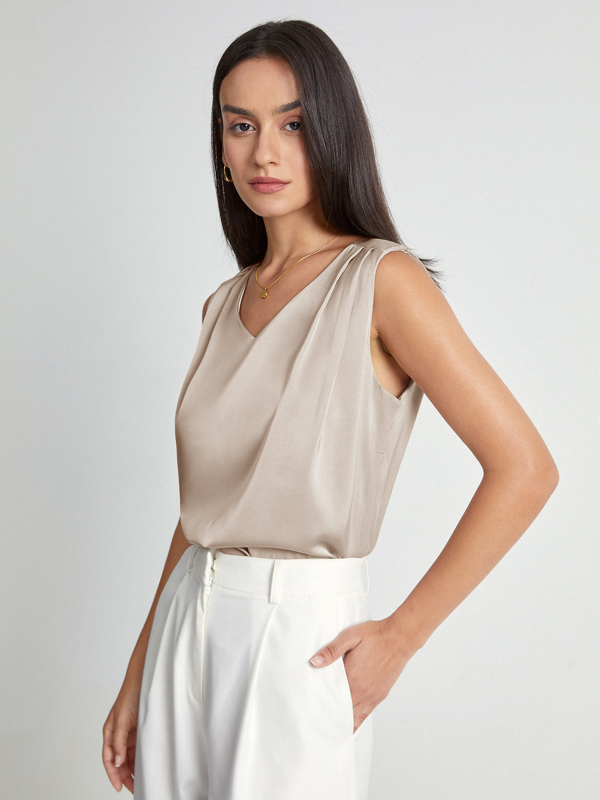 Sleeveless V-Neck Satin Tank Shirt