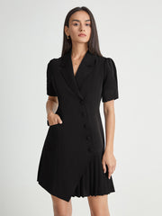 Double Breasted Multi Button Short Puff Sleeve Pleated Blazer Dress