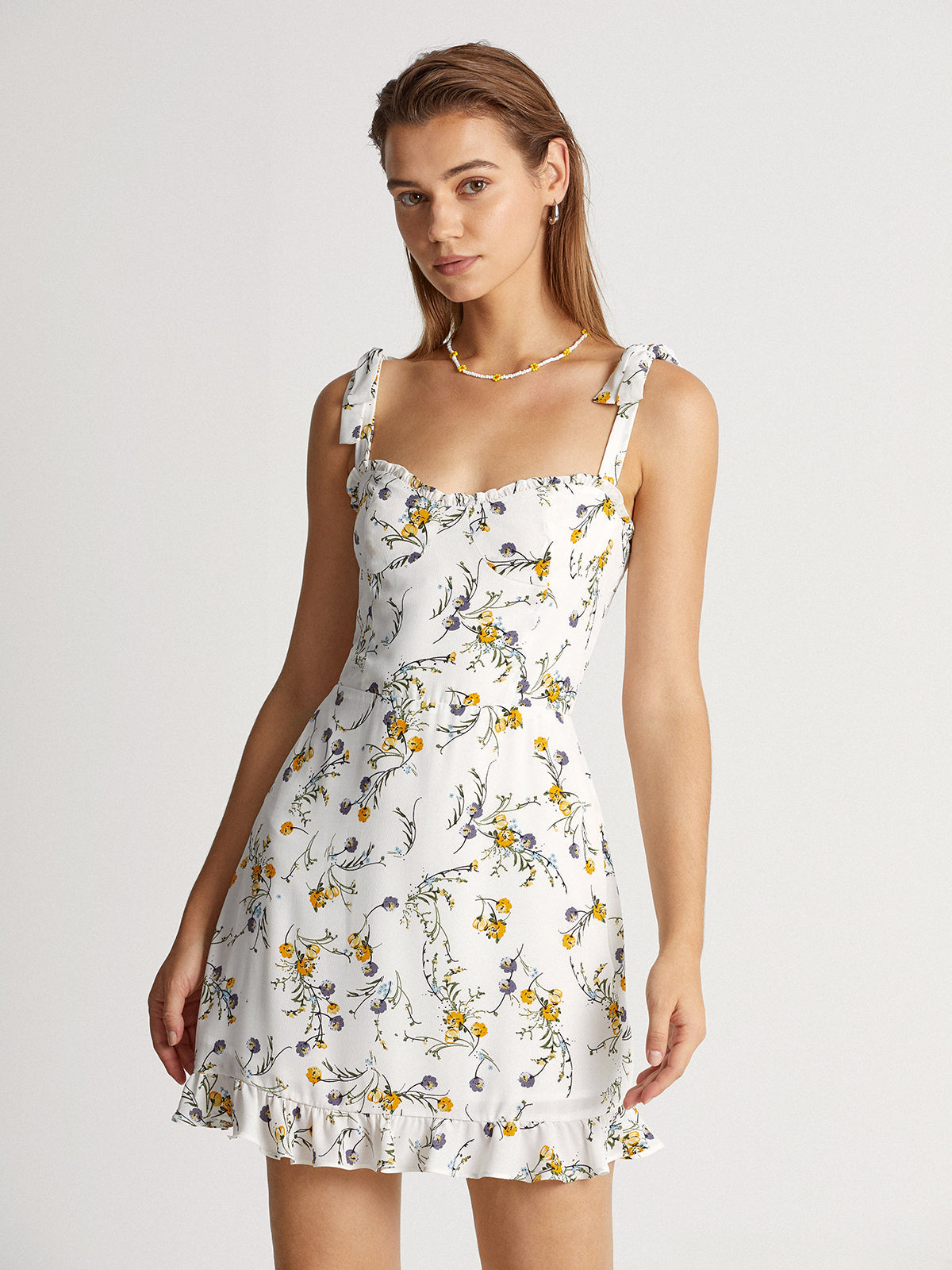 Ruffle Hem Tie Strap Garden Floral Stem Mini Dress