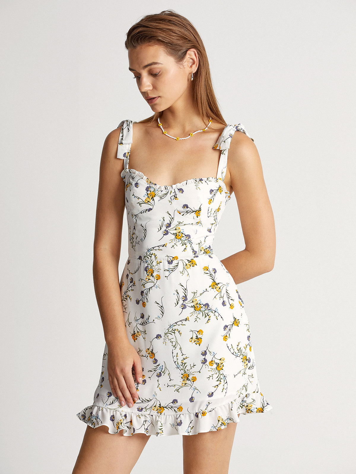 Ruffle Hem Tie Strap Garden Floral Stem Mini Dress