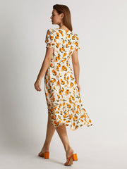 Short Puff Sleeve Orange V-Neck Midi Ruffle Dress