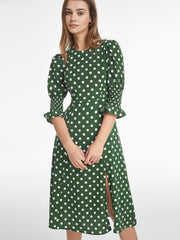 Short Puff Sleeve Straight Neck Polka Dot Slit Dress